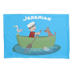 Niedlicher Junge Segelschiff und Hunderuderschiff Kissenbezug