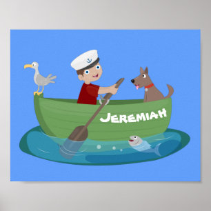 Niedlicher Junge Segelschiff und Hunderuderschiff Poster