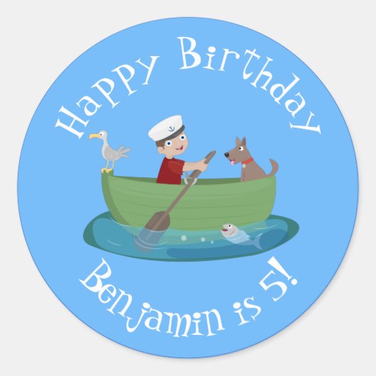 Niedlicher Junge Segelschiff und Hunderuderschiff  Runder Aufkleber (Vorderseite)