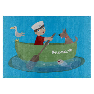 Niedlicher Junge Segelschiff und Hunderuderschiff Schneidebrett