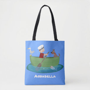 Niedlicher Junge Segelschiff und Hunderuderschiff Tasche