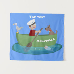 Niedlicher Junge Segelschiff und Hunderuderschiff Wandteppich