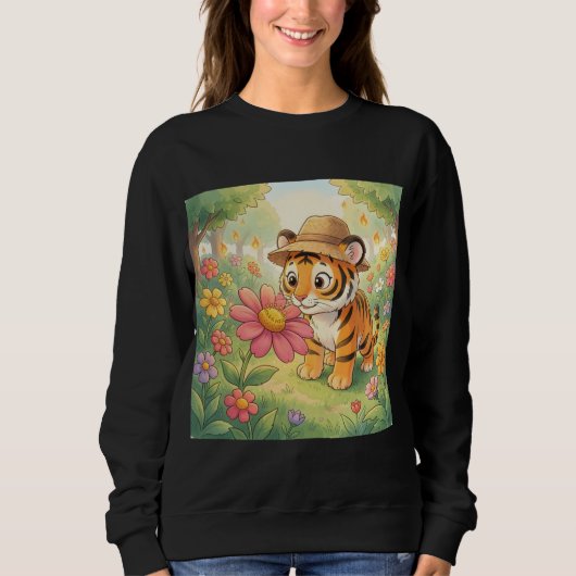 Niedlicher junger Tiger mit Hut im Garten Sweatshirt (Vorderseite)