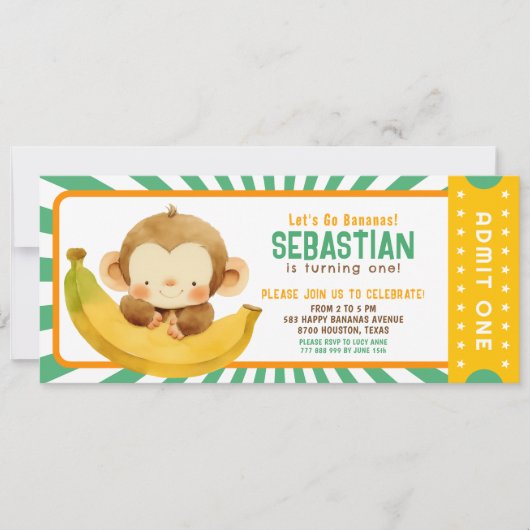 Niedlicher Jungle Banane Monkey Kindergeburtstag T Einladung (Vorderseite)