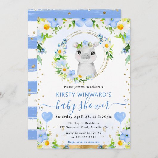 Niedlicher Jungle Hippo Babydusche Einladung (Vorne/Hinten)