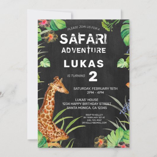 Niedlicher Jungle Safari Giraffe Chalkboard Geburt Einladung (Vorderseite)