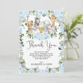 Niedlicher Jungle Wild Animals Blue Floral Baby Bo Dankeskarte (Stehend Vorderseite)