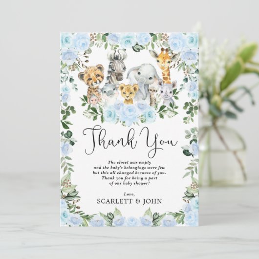 Niedlicher Jungle Wild Animals Blue Floral Baby Bo Dankeskarte (Stehend Vorderseite)