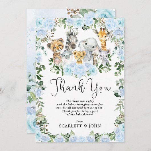 Niedlicher Jungle Wild Animals Blue Floral Baby Bo Dankeskarte (Vorne/Hinten)