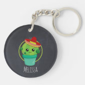 Niedlicher Kaktus in einem Sombrero auf schwarzer Schlüsselanhänger (Rückseite)