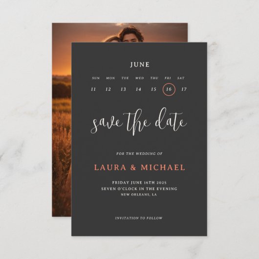 Niedlicher Kalender Save the Date mit dunklem Foto Einladung (Vorne/Hinten)