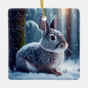 Niedlicher Kaninchen Im Schnee Bedeckten Wald Kera Keramikornament