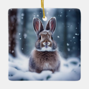 Niedlicher Kaninchen Im Schnee Bedeckten Wald Kera Keramikornament
