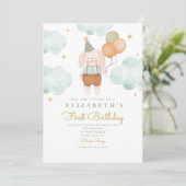 Niedlicher Kaninchenbaloon Erster Geburtstag 1. Ge Einladung (Stehend Vorderseite)