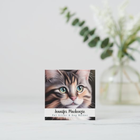 Niedlicher Katzen-Sitzer und Dog-Walker Quadratische Visitenkarte (Stehend Vorderseite)