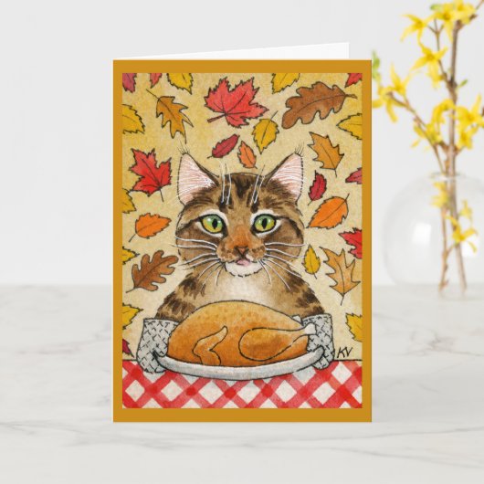 Niedlicher KatzenErntedank Türkei Herbstleber Karte (Gelbe Blume)