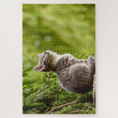 Niedlicher Katzengrau Kätzchen Grüner Kiefernbaum Puzzle (Vertikal)