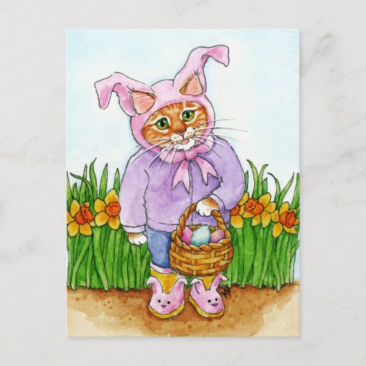 Niedlicher Katzenhahn Anzug Narzissen Pink Ostern Postkarte (Vorderseite)
