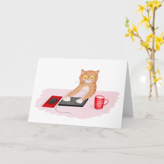 Niedlicher Katzensprung im Internet auf einer Comp Karte (Gelbe Blume)