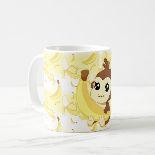 Niedlicher Kawaii Affe, der Banane hält Kaffeetasse (Vorderseite Links)