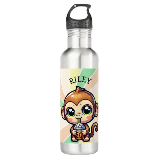 Niedlicher Kawaii-Affe mit Bubble Tee Personalisie Edelstahlflasche (Vorderseite)