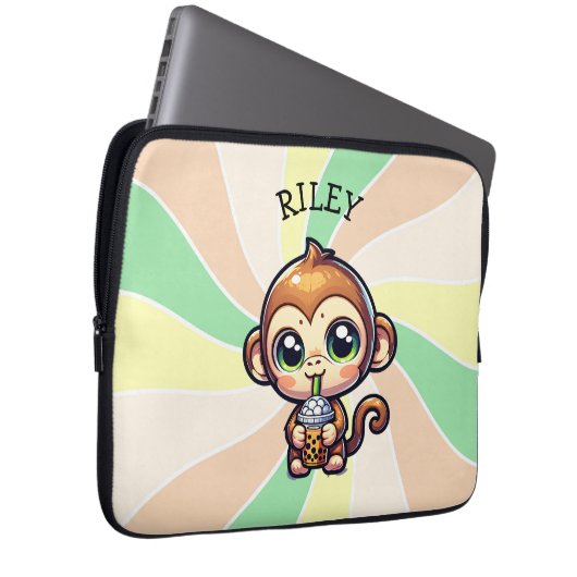 Niedlicher Kawaii-Affe mit Bubble Tee Personalisie Laptopschutzhülle (Vorne Rechts)