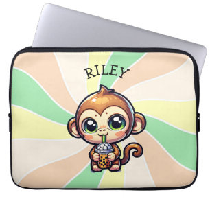 Niedlicher Kawaii-Affe mit Bubble Tee Personalisie Laptopschutzhülle