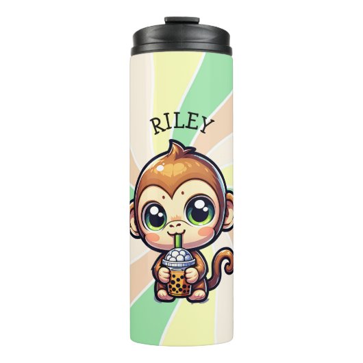 Niedlicher Kawaii-Affe mit Bubble Tee Personalisie Thermosbecher (Vorderseite)