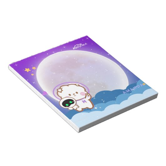 Niedlicher Kawaii-Astronaut Jinnie im lila Weltrau Notizblock (angewinkelt)