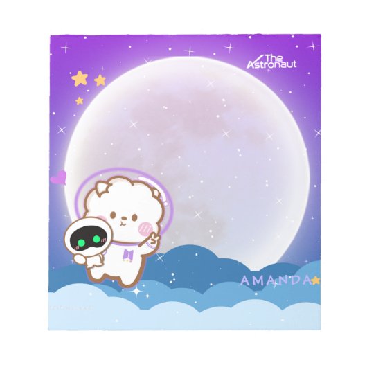 Niedlicher Kawaii-Astronaut Jinnie im lila Weltrau Notizblock (Vorderseite)