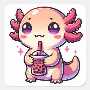 Niedlicher Kawaii Axolotl mit Bubble Tee Quadratischer Aufkleber