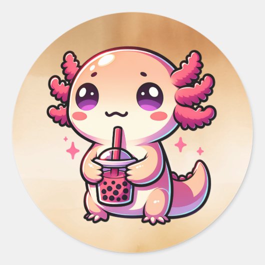 Niedlicher Kawaii Axolotl mit Bubble Tee Runder Aufkleber (Vorderseite)