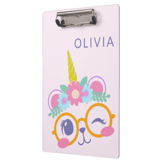 Niedlicher Kawaii Bären Einhorn Gesicht Rosa Perso Klemmbrett (Links)