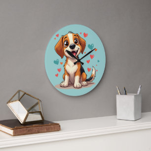 Niedlicher Kawaii-Beagle mit Herz spielendem Hund Große Wanduhr