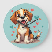Niedlicher Kawaii-Beagle mit Herz spielendem Hund Große Wanduhr (Vorderseite)