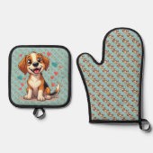 Niedlicher Kawaii-Beagle mit Herz spielendem Hund Ofenhandschuh & Topflappen-Set (Vorderseite)