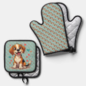 Niedlicher Kawaii-Beagle mit Herz spielendem Hund Ofenhandschuh & Topflappen-Set (Vorderseite/Rückseite)