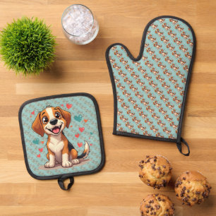 Niedlicher Kawaii-Beagle mit Herz spielendem Hund Ofenhandschuh & Topflappen-Set
