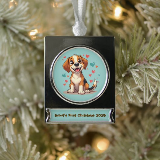 Niedlicher Kawaii-Beagle mit Herz spielerischer Hu Banner-Ornament Silber (Baum)