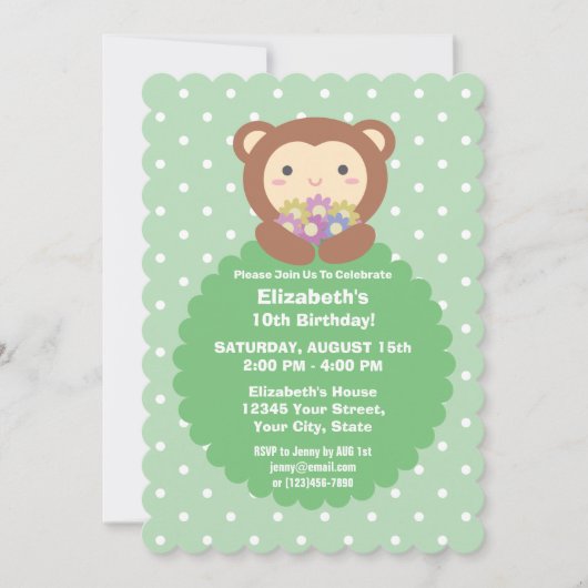 Niedlicher Kawaii Cartoon Monkey & Blume Kindergeb Einladung (Vorderseite)