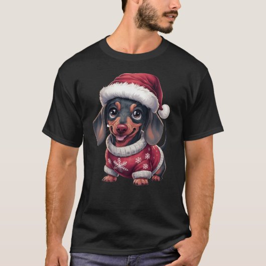 Niedlicher Kawaii Dackel Hund in Weihnachtsmannmüt T-Shirt (Vorderseite)