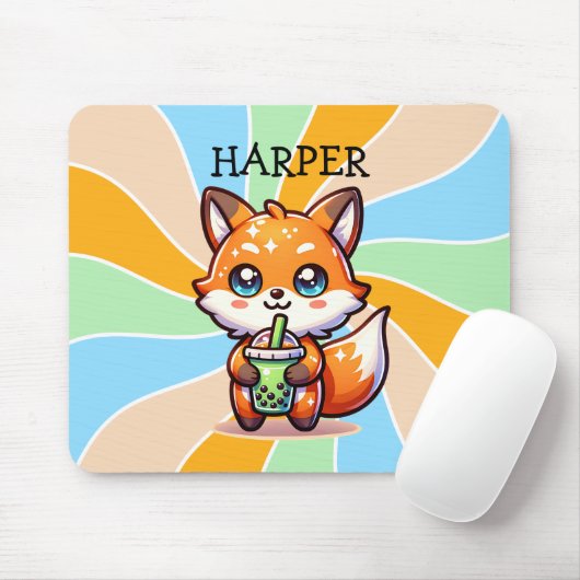 Niedlicher Kawaii Fox mit Bubble Tee Personalisier Mousepad (Mit Mouse)