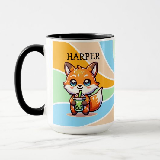 Niedlicher Kawaii Fox mit Bubble Tee Personalisier Tasse (Links)