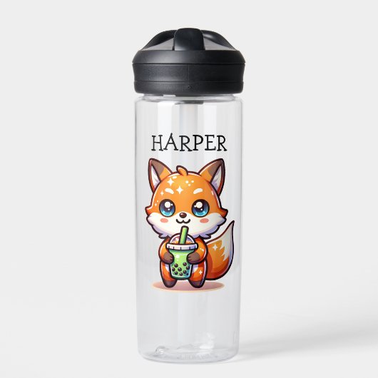 Niedlicher Kawaii Fox mit Bubble Tee Personalisier Trinkflasche (Vorderseite)