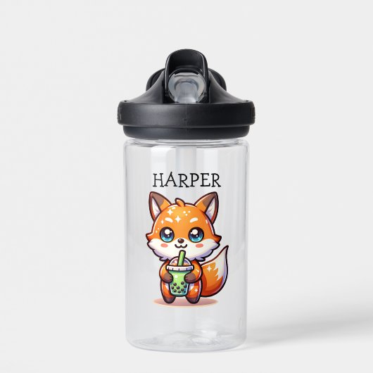 Niedlicher Kawaii Fox mit Bubble Tee Personalisier Trinkflasche (Vorne)
