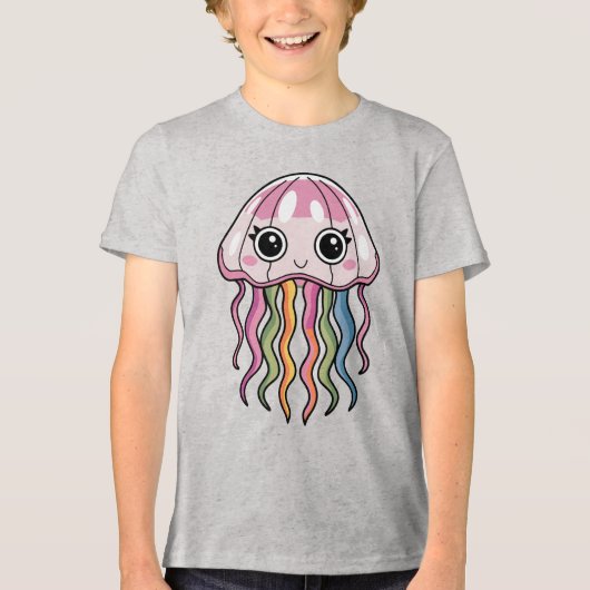 Niedlicher Kawaii-Jellyfish mit Rainbow-Tentacles Tri-Blend Shirt (Vorderseite)