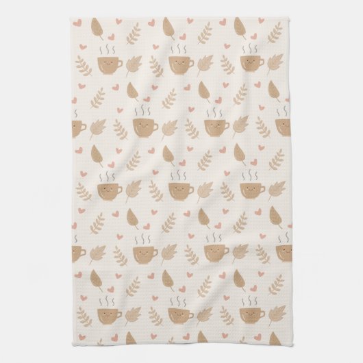 Niedlicher Kawaii Kaffee und Blätter Herbstmuster Geschirrtuch (Vertikal)