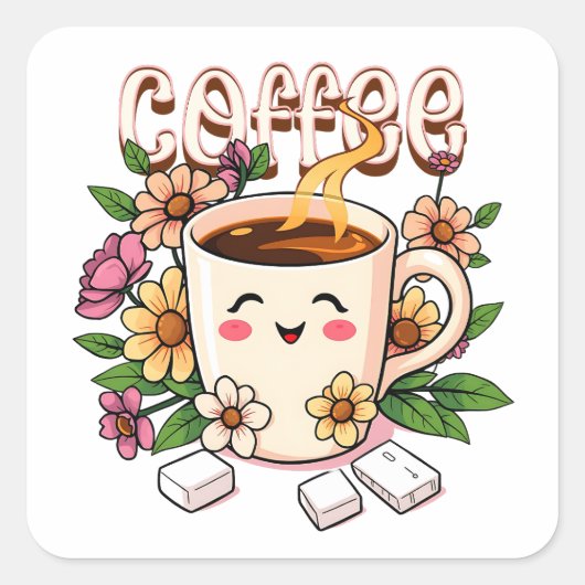 Niedlicher Kawaii Kaffee und Blume Quadratischer Aufkleber (Vorderseite)