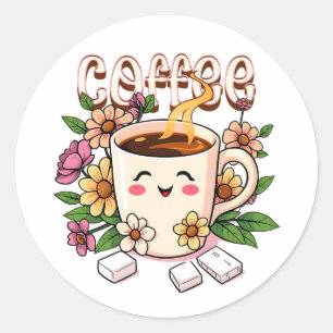 Niedlicher Kawaii Kaffee und Blume Runder Aufkleber