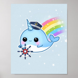 Niedlicher Kawaii Kapitän Narwhal mit Regenbogen Poster